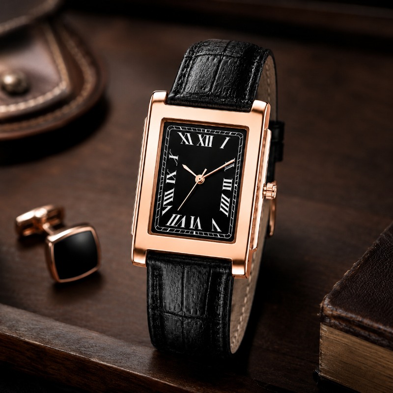 Smartwatch Casual Watches For Men - นาฬิกาข้อมือผู้ชายสไตล์คลาสสิก หน้าปัดทรงสี่เหลี่ยมพร้อมตัวเลขโรมัน สายหนัง ระบบควอตซ์ ดีไซน์หรูหรา เหมาะสำหรับการแต่งกายที่ดูสง่างาม