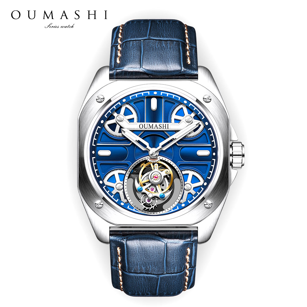 Skeleton Mechanical Watch - นาฬิกาข้อมือผู้ชายหรูหราขนาด 41 มม. ระบบตูร์บิญอง ตัวเรือนสแตนเลสสตีล กันน้ำ