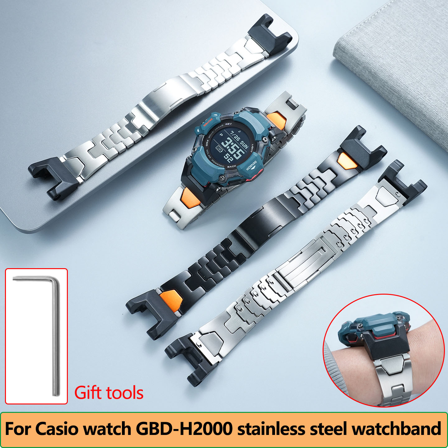 Casio Watches Smartwatch - GBD-H2000 สายรัดข้อมือโลหะกันน้ำสำหรับนาฬิกาคาสิโอสมาร์ทสปอร์ต 3515 ซีรีส์ GBD-H2000 สายนาฬิกาสแตนเลสแบบดัดแปลง